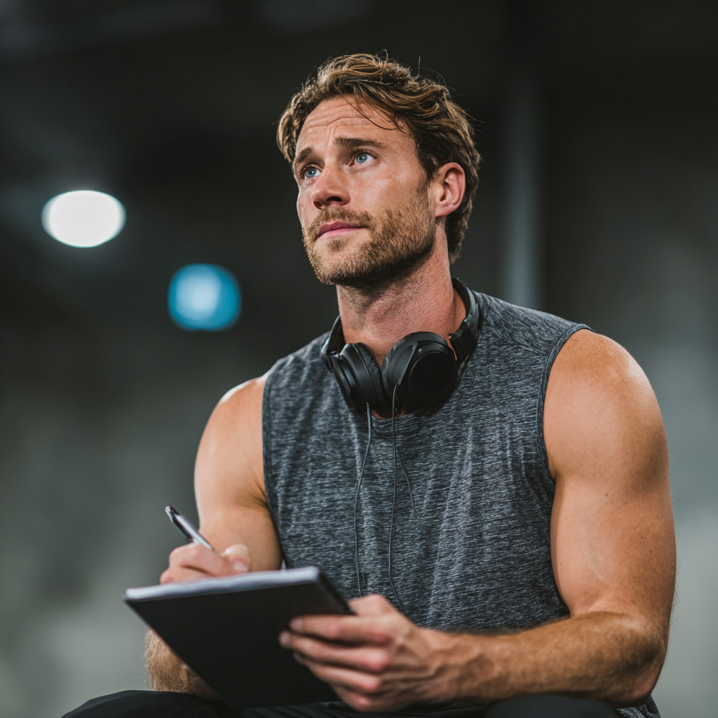 Athletic man in workout clothes planning training routine with notebook and tablet in modern fitness environment