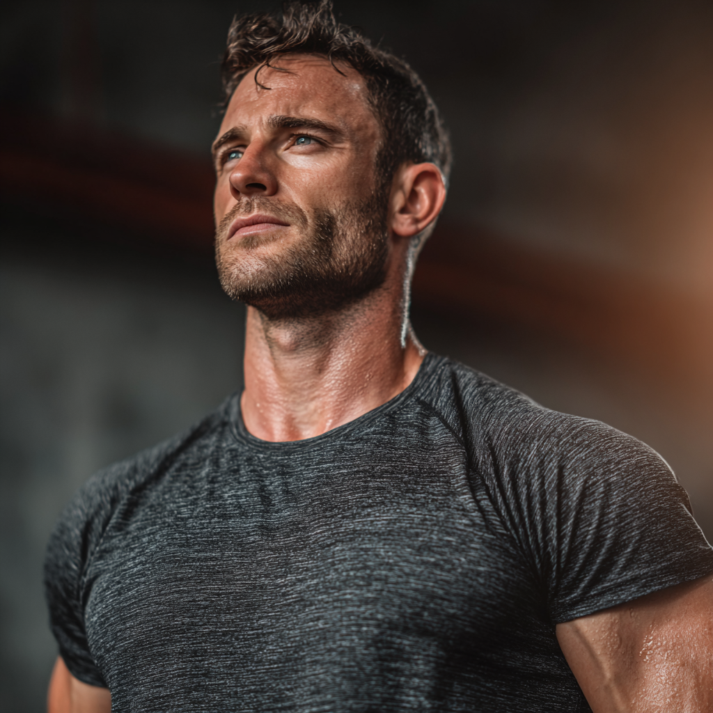 Confident muscular man in athletic wear performing strength training with determined expression in modern gym setting